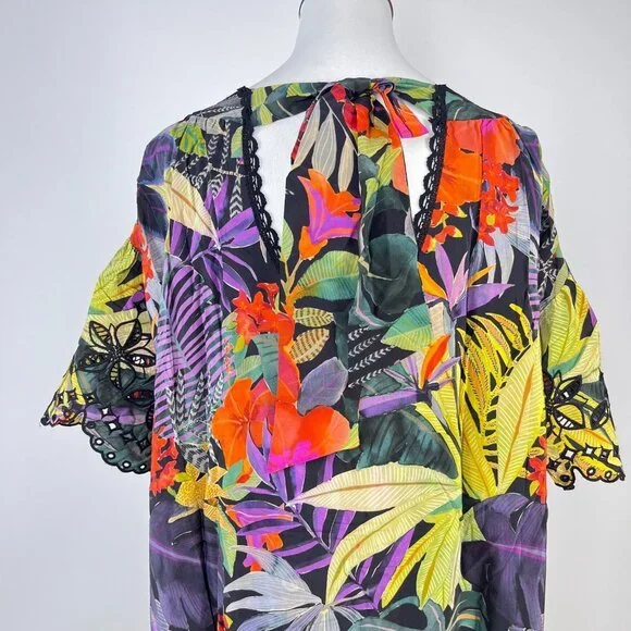 $398 NWOT Johnny Was Embroidery Lace Silk Floral Tie Mini Dress Oversize XS